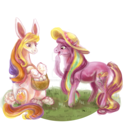 Size: 894x894 | Tagged: safe, artist:gloriaus, bashful bonnet, sunny daze (g3), pony, g3, basket, bunny ears, easter, egg, g3betes, hat, holiday, simple background, transparent background