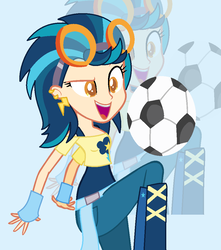 Size: 937x1061 | Tagged: safe, artist:xxkerrysweetxx, indigo zap, equestria girls, g4, alternate clothes, alternate universe, ball, blue background, boots, clothes, ear piercing, earring, female, fingerless gloves, football, gloves, goggles, jewelry, piercing, shirt, simple background, solo, tomboy, zoom layer