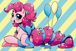 Size: 802x543 | Tagged: safe, artist:yukandasama, pinkie pie, earth pony, pony, g4, balloon, bow, cute, diapinkes, female, looking at you, open mouth, ribbon, sitting, solo