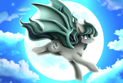 Size: 2717x1824 | Tagged: safe, artist:pridark, oc, oc only, oc:moonlight tide, bat pony, pony, cloud, commission, fangs, female, flying, full moon, gift art, mare, moon, night, night sky, smiling, solo, spread wings, wings