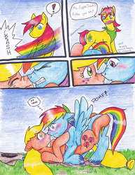 Size: 2531x3281 | Tagged: safe, artist:tristanjsolarez, applejack, rainbow dash, tex, earth pony, pegasus, pony, comic:trans ponies, g1, g4, blushing, boop, comic, female, g1 to g4, generation leap, half r63 shipping, high res, male, mare, nose wrinkle, noseboop, pomf, rainbow blitz, rule 63, ship:appleblitz, ship:appledash, shipping, spread wings, stallion, straight, wingboner, wings