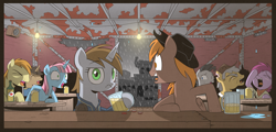 Size: 3400x1635 | Tagged: safe, artist:php104, oc, oc only, oc:calamity, oc:littlepip, earth pony, pegasus, pony, unicorn, fallout equestria, apple cider, bar, bottlecap, cider, city, clothes, eyes closed, fanfic, fanfic art, female, hat, hooves, horn, joke, jumpsuit, laughing, lightbulb, male, mare, mug, new appleloosa, one eye closed, open mouth, pipbuck, rain, stallion, tankard, tavern, tongue out, vault suit, wings