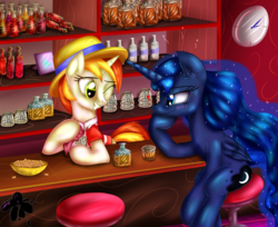 Size: 2700x2200 | Tagged: safe, artist:katakiuchi4u, peachy pitt, princess luna, alicorn, pony, g4, alcohol, bar, blushing, boater, clothes, drink, drunk, drunk luna, female, glass, hat, high res, implied lesbian, implied shipping, mare, missing accessory, smiling, straw hat