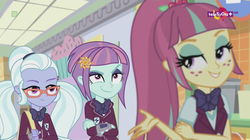 Size: 1136x638 | Tagged: safe, screencap, sour sweet, sugarcoat, sunny flare, equestria girls, equestria girls specials, g4, my little pony equestria girls: dance magic, bowtie, canterlot mall, clothes, crossed arms, crystal prep academy uniform, crystal prep shadowbolts, evil grin, female, flower, flower in hair, freckles, glasses, grin, group, mall, ponytail, school uniform, smiling, smirk, smug, teletoon, trio, trio female