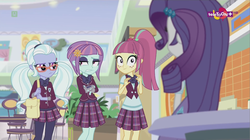 Size: 1137x638 | Tagged: safe, screencap, rarity, sour sweet, sugarcoat, sunny flare, equestria girls, equestria girls specials, g4, my little pony equestria girls: dance magic, bowtie, canterlot mall, clothes, crossed arms, crystal prep academy uniform, female, freckles, glasses, group, mall, ponytail, school uniform, teletoon