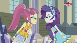 Size: 1137x638 | Tagged: safe, screencap, rarity, sour sweet, equestria girls, equestria girls specials, g4, my little pony equestria girls: dance magic, angry, argument, canterlot high, clothes, dress, duo, female, fight, freckles, headband, ponytail, skirt, teletoon