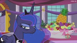 Size: 1920x1080 | Tagged: safe, screencap, princess luna, pony, a royal problem, g4, bags under eyes, female, food, grumpy, mare, pineapple, solo, up all night