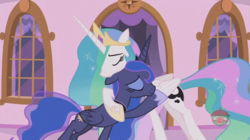 Size: 1232x690 | Tagged: safe, screencap, princess celestia, princess luna, alicorn, pony, a royal problem, g4, cute, cutelestia, duo, duo female, eyes closed, female, heartwarming, hug, lunabetes, mare, royal sisters, sibling love, sisterly love, sisters, smiling, wholesome