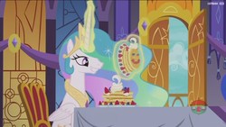 Size: 1920x1080 | Tagged: safe, screencap, princess celestia, alicorn, pony, a royal problem, g4, my little pony: friendship is magic, cute, cutelestia, female, food, grin, mare, pancakes, smiling