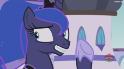 Size: 1920x1080 | Tagged: safe, screencap, princess luna, pony, a royal problem, g4, season 7, female, forced smile, grin, mare, nervous, nervous smile, smile and wave, smiling, solo