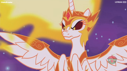 Size: 1076x605 | Tagged: safe, screencap, daybreaker, pony, a royal problem, g4, corrupted, couteau, evil, female, mane of fire, mare, rerebrant, solo, spread wings, wings