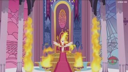 Size: 1920x1080 | Tagged: safe, screencap, daybreaker, alicorn, pony, a royal problem, g4, evil laugh, female, fire, mane of fire, mare, stained glass, throne, throne room