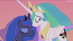 Size: 1920x1080 | Tagged: safe, screencap, princess celestia, princess luna, alicorn, pony, a royal problem, g4, duo, eyes closed, female, mare, royal sisters, sisters, smiling, swapped cutie marks