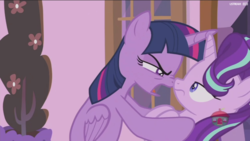 Size: 1920x1080 | Tagged: safe, screencap, starlight glimmer, twilight sparkle, alicorn, pony, a royal problem, g4, boop, duo, duo female, female, looking at each other, noseboop, out of context, starlight glimmer is not amused, twilight sparkle (alicorn), unamused