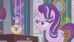 Size: 400x225 | Tagged: safe, screencap, starlight glimmer, twilight sparkle, alicorn, pony, a royal problem, g4, animated, ballerina, clothes, duo, facedesk, faceplant, female, gif, music box, starlight glimmer is not amused, tutu, twilarina, twilight sparkle (alicorn), twilight stalker, unamused