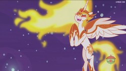 Size: 1920x1080 | Tagged: safe, screencap, daybreaker, pony, a royal problem, g4, female, hooves together, laughing, mane of fire, mare, solo