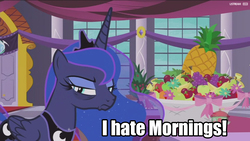 Size: 1920x1080 | Tagged: safe, screencap, princess luna, pony, a royal problem, g4, angry, bags under eyes, caption, female, food, fruit, fruit bowl, garfield, mare, morning ponies, pineapple, solo, text, upset