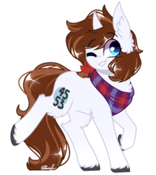 Size: 1765x1983 | Tagged: safe, artist:cloud-drawings, oc, oc only, oc:watcher, pony, unicorn, bandana, chibi, colored pupils, female, mare, one eye closed, raised hoof, raised leg, simple background, smiling, solo, transparent background, wink