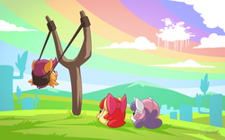 Size: 1920x1200 | Tagged: safe, artist:mysticalpha, apple bloom, scootaloo, sweetie belle, earth pony, pegasus, pony, unicorn, g4, parental glideance, angry birds, blob ponies, cloudsdale, cutie mark crusaders, slingshot, trio
