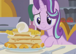 Size: 977x690 | Tagged: safe, screencap, starlight glimmer, pony, unicorn, a royal problem, g4, cropped, cute, female, food, glimmerbetes, mare, pancakes, solo