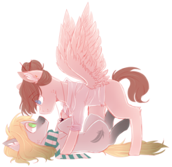 Size: 1024x995 | Tagged: safe, artist:shiromidorii, oc, oc only, oc:naoki, oc:ren, earth pony, pegasus, pony, gay, male, oc x oc, on back, shipping, simple background, stallion, transparent background