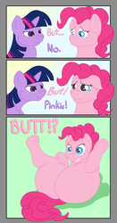 Size: 838x1600 | Tagged: safe, artist:athan, pinkie pie, twilight sparkle, pony, g4, balloonbutt, butt, chubby, comic, fat, female, plot, presenting, pudgy pie, pun, the ass was fat