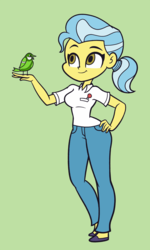 Size: 1080x1800 | Tagged: safe, artist:khuzang, doctor fauna, bird, equestria girls, g4, breasts, clothes, equestria girls-ified, female, green background, hand on hip, pants, shirt, simple background, smiling, solo