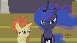Size: 1920x1090 | Tagged: safe, screencap, indian summer, princess luna, pony, a royal problem, g4, >:c, faic, female, filly, frown, grumpy luna, logo, luna is not amused, scared, scowl, treehouse logo