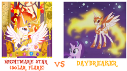 Size: 900x500 | Tagged: safe, daybreaker, nightmare star, starlight glimmer, alicorn, pony, a royal problem, g4, comparison, female, mare, two flaming sunponies, vs