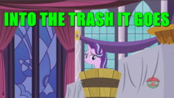 Size: 1131x638 | Tagged: safe, edit, edited screencap, screencap, starlight glimmer, pony, unicorn, a royal problem, g4, basket, bucket, discussion in the comments, drama, female, image macro, into the trash it goes, mare, meme, op started shit, recontextualized, sad, solo, starlight drama, starlight glimmer is worst pony, trash, trash can, treehouse logo