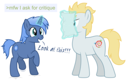 Size: 8192x5266 | Tagged: safe, artist:djdavid98, oc, oc only, oc:double colon, oc:star farer, earth pony, pony, unicorn, absurd resolution, excited, greentext, jumping, magic, paper, simple background, text, transparent background, vector
