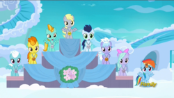 Size: 1920x1080 | Tagged: safe, screencap, cloudchaser, derpy hooves, fleetfoot, flitter, lightning dust, rainbow dash, soarin', spitfire, pony, g4, parental glideance, underp, younger