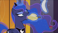 Size: 1366x768 | Tagged: safe, screencap, princess luna, pony, a royal problem, g4, bags under eyes, banana, banana peel, eating, female, food, herbivore, magic, majestic as fuck, mare, nom, out of context, sleepy, solo