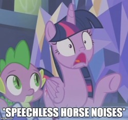 Size: 531x500 | Tagged: safe, edit, edited screencap, screencap, spike, twilight sparkle, alicorn, dragon, pony, a royal problem, g4, cropped, descriptive noise, horse noises, image macro, meme, twilight sparkle (alicorn)