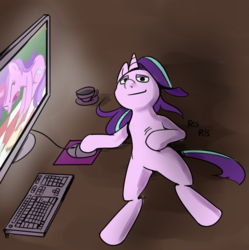 Size: 1581x1585 | Tagged: artist needed, safe, amethyst star, sparkler, starlight glimmer, pony, unicorn, g4, the mysterious mare do well, /mlp/, computer, computer mouse, cup, female, keyboard, mare, ponified, solo, teacup