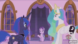 Size: 640x360 | Tagged: safe, screencap, princess celestia, princess luna, starlight glimmer, alicorn, pony, a royal problem, g4, animated, confused, female, gif, giggling, mare, reassurance, swapped cutie marks