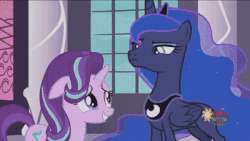 Size: 400x225 | Tagged: safe, screencap, princess luna, starlight glimmer, alicorn, pony, unicorn, a royal problem, g4, animated, backfire, female, gif, male, mare, royal guard, scared, stallion, swapped cutie marks, traditional royal canterlot voice, unicorn royal guard, unnamed character, unnamed pony