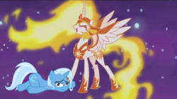 Size: 800x449 | Tagged: safe, artist:tardifice, artist:themexicanpunisher, edit, edited screencap, screencap, daybreaker, trixie, pony, unicorn, a royal problem, g4, eyes closed, female, laughing, mare, open mouth, stars