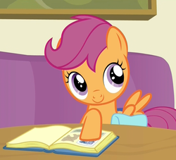 Size: 1126x1024 | Tagged: safe, screencap, scootaloo, pegasus, pony, g4, parental glideance, book, cropped, cute, cutealoo, female, filly, raised hoof, saddle bag, scrapbook, smiling, solo, spread wings, wings