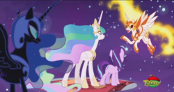 Size: 1366x727 | Tagged: safe, screencap, daybreaker, nightmare moon, princess celestia, starlight glimmer, alicorn, pony, unicorn, a royal problem, g4, season 7, armor, carpet, colored eyelashes, corrupted, crown, dream walker celestia, duality, ethereal hair, ethereal mane, ethereal tail, evil, eyeshadow, female, fiery hair, fiery mane, fiery tail, flying, folded wings, helmet, hoof shoes, horn, jewelry, makeup, mare, night, peytral, raised hoof, regalia, self paradox, self ponidox, sky, slit pupils, spread wings, starry hair, starry mane, starry tail, stars, tail, treehouse logo, wing armor, wings