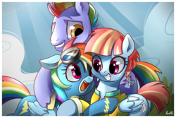 Size: 1772x1181 | Tagged: dead source, safe, artist:renokim, bow hothoof, rainbow dash, windy whistles, pegasus, pony, g4, backwards cutie mark, clothes, cute, dashabetes, family, father and daughter, female, floppy ears, goggles, group hug, hug, male, mare, mother and daughter, open mouth, rainbow dash's parents, ship:windyhoof, smiling, stallion, that was fast, uniform, windybetes, wonderbolts uniform