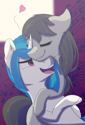 Size: 2137x3123 | Tagged: safe, artist:lula-moonarts, dj pon-3, octavia melody, vinyl scratch, earth pony, pony, unicorn, g4, eyes closed, female, heart, high res, hug, lesbian, mare, open mouth, ship:scratchtavia, shipping, smiling