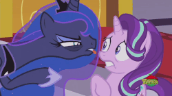 Size: 883x494 | Tagged: safe, screencap, princess luna, starlight glimmer, pony, a royal problem, g4, angry, animated, bags under eyes, dancing logo, female, gif, lip bite, poking, treehouse logo