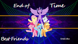 Size: 3840x2160 | Tagged: safe, artist:laszlvfx, artist:parclytaxel, edit, applejack, fluttershy, pinkie pie, rainbow dash, rarity, twilight sparkle, alicorn, pony, all bottled up, g4, best friends until the end of time, eyes closed, female, high res, mane six, mare, smiling, text, twilight sparkle (alicorn), vector, wallpaper, wallpaper edit
