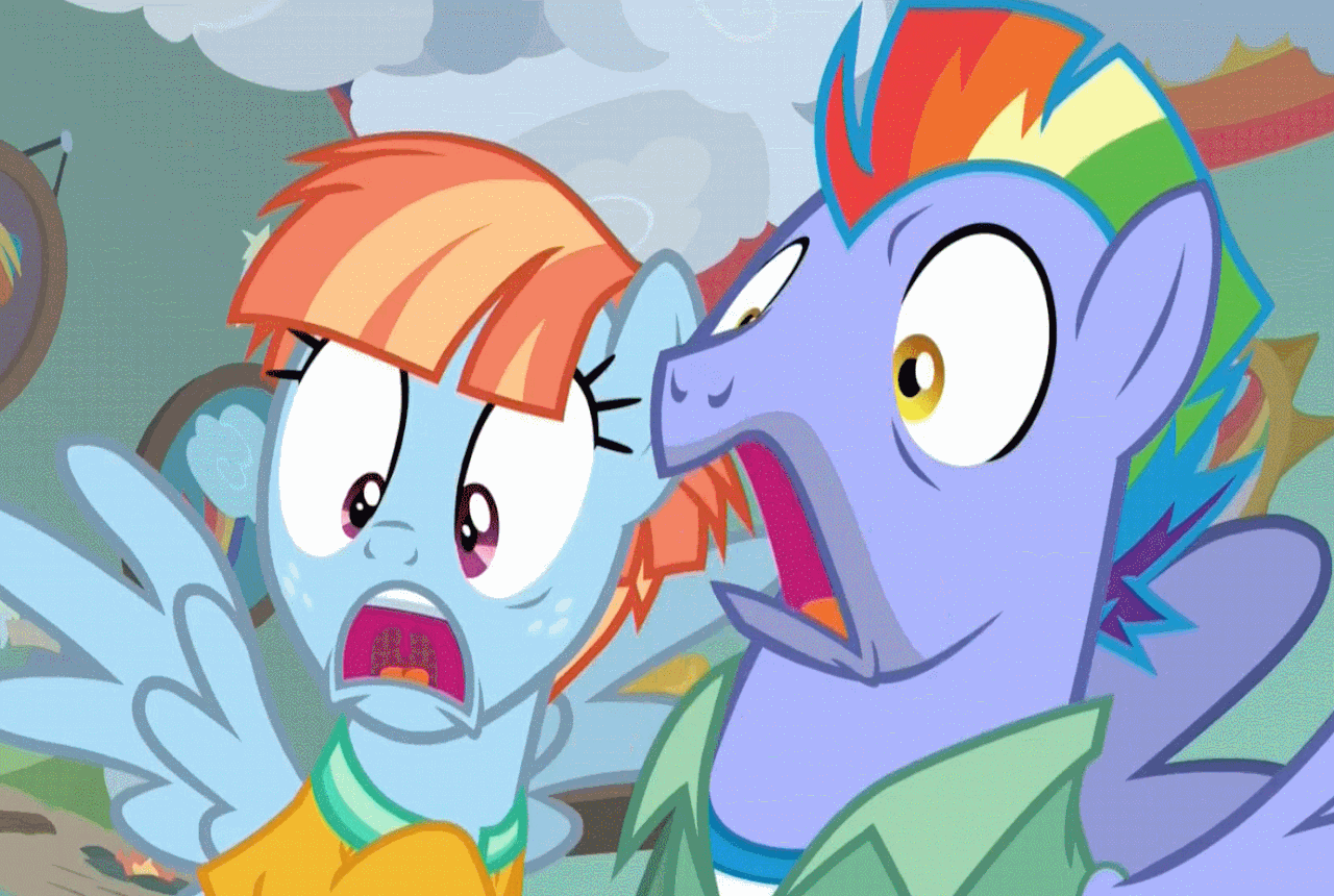 1441440 - safe, edit, edited screencap, screencap, bow hothoof, windy  whistles, pegasus, pony, parental glideance, animated, eye contact, female,  gif, looking at each other, male, mare, open mouth, rainbow dash's parents,  reaction