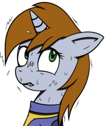 Size: 820x968 | Tagged: safe, artist:wellfugzee, derpibooru exclusive, oc, oc only, oc:littlepip, pony, unicorn, fallout equestria, bust, clothes, fanfic, fanfic art, female, freckles, horn, jumpsuit, mare, portrait, simple background, solo, sweat, teeth, transparent background, uncomfortable, vault suit