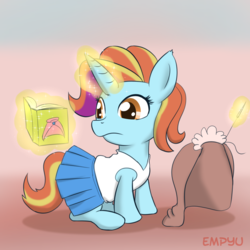 Size: 1000x1000 | Tagged: safe, artist:empyu, sassy saddles, pony, unicorn, g4, 30 minute art challenge, book, clothes, cute, female, filly, glowing horn, horn, magic, mare, reading, sewing, sewing needle, simple background, solo, younger