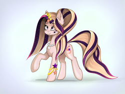 Size: 1280x960 | Tagged: safe, artist:o0o-bittersweet-o0o, oc, oc only, oc:solar night, pony, unicorn, blinking, female, gradient background, horn, horn jewelry, jewelry, mare, shiny, smiling, solo, sparkles, stars