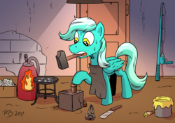 Size: 1754x1240 | Tagged: safe, artist:pony-berserker, oc, oc only, oc:charity chase, pegasus, pony, apron, blacksmith, clothes, door, fishing rod, hammer, male, mouth hold, not lyra, paint, smithing, solo, stallion, sweat