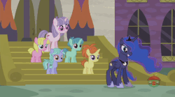 Size: 634x353 | Tagged: safe, screencap, indian summer, lilac ice, miss hackney (g4), princess luna, raspberry cream, teal shores, pony, unicorn, a royal problem, g4, animated, colt, female, filly, gif, grin, male, mare, nervous, nervous smile, raised eyebrow, smiling, swapped cutie marks